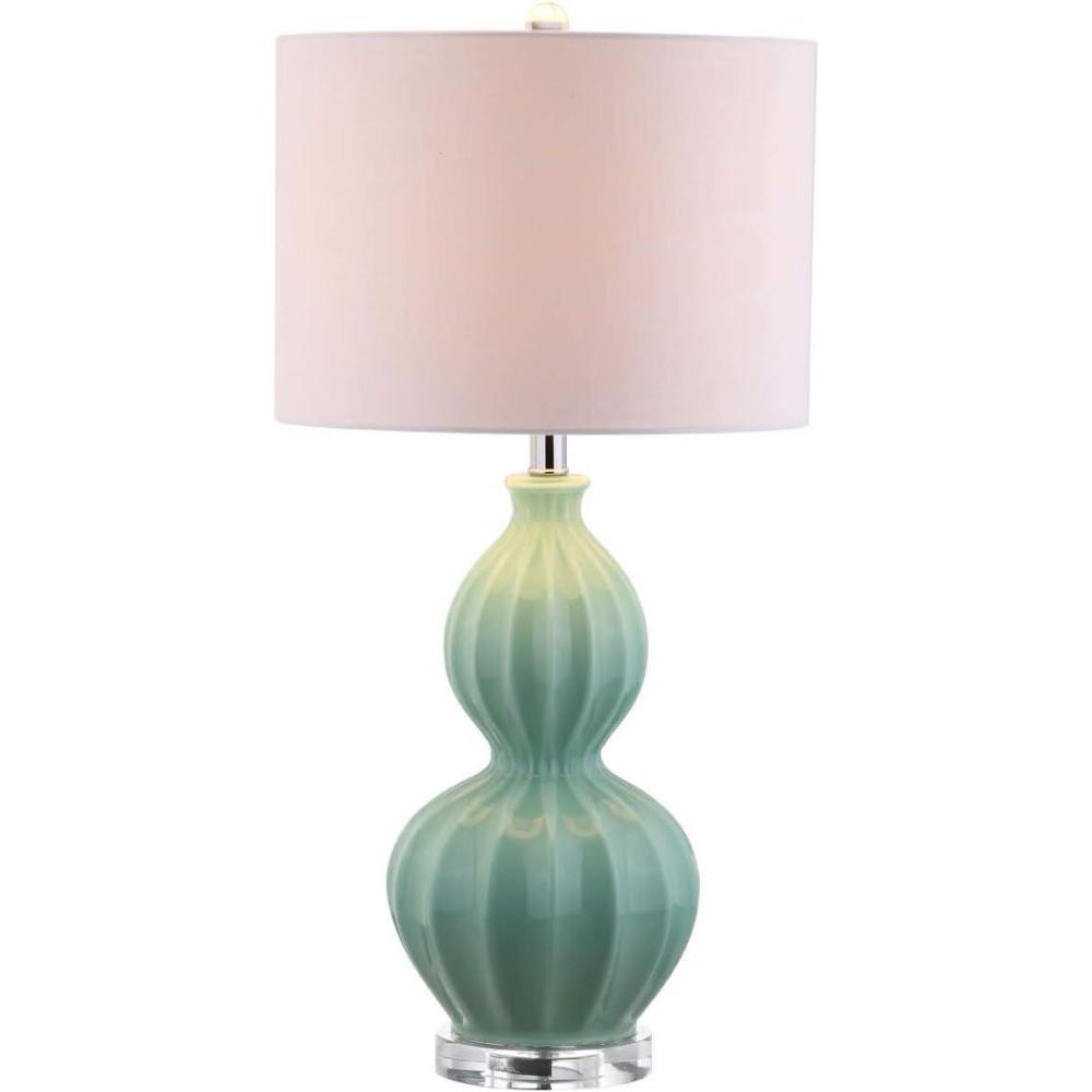 image:imageJONATHAN Y 28 Seafoam Green Fluted Ceramic Gourd LED Table Lamp Midcentury Glam Bedside Lamp for Living Room Bedroom White Linen Drum Shade LED Bulb Included JYL5015A