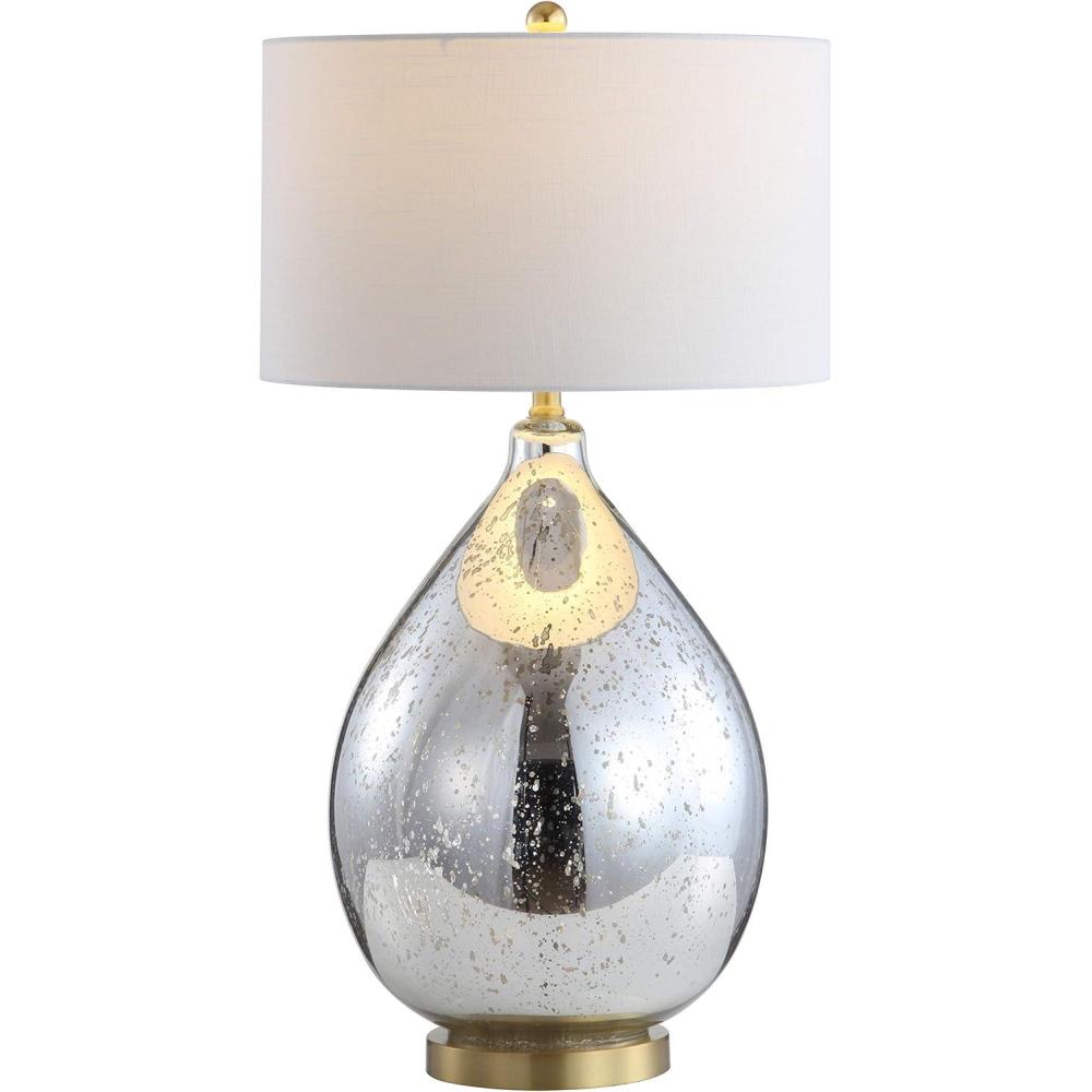 image:imageJONATHAN Y 3075 Mercury Silver Glass Teardrop Table Lamp Glam Transitional Bedside Lamp for Living Room White Linen Drum Shade Brass Gold Accents LED Bulb Included JYL1066A