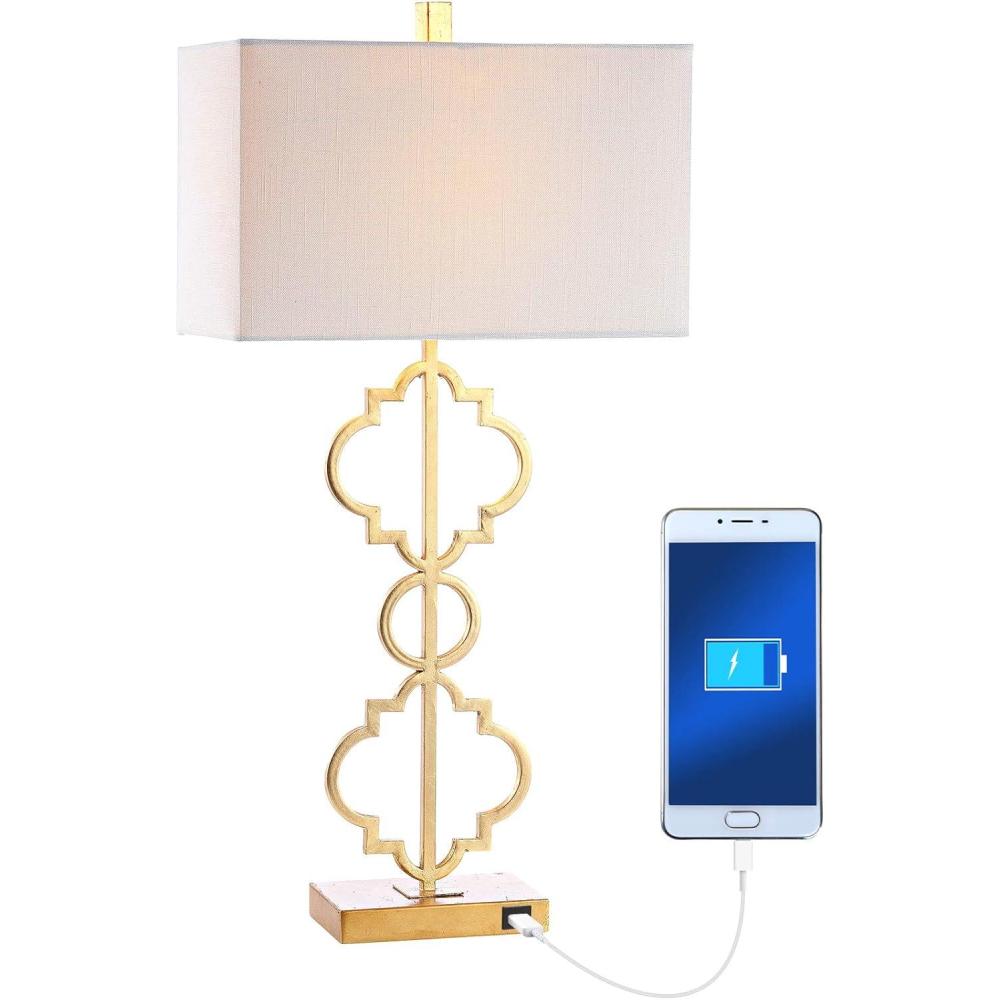 image:imageJONATHAN Y 32 Gold Iron Ogee Trellis Modern LED USB Table Lamp Glam Geometric Metal Base with White Linen Rectangle Shade for Living Room Bedroom LED Bulb Included JYL3071A
