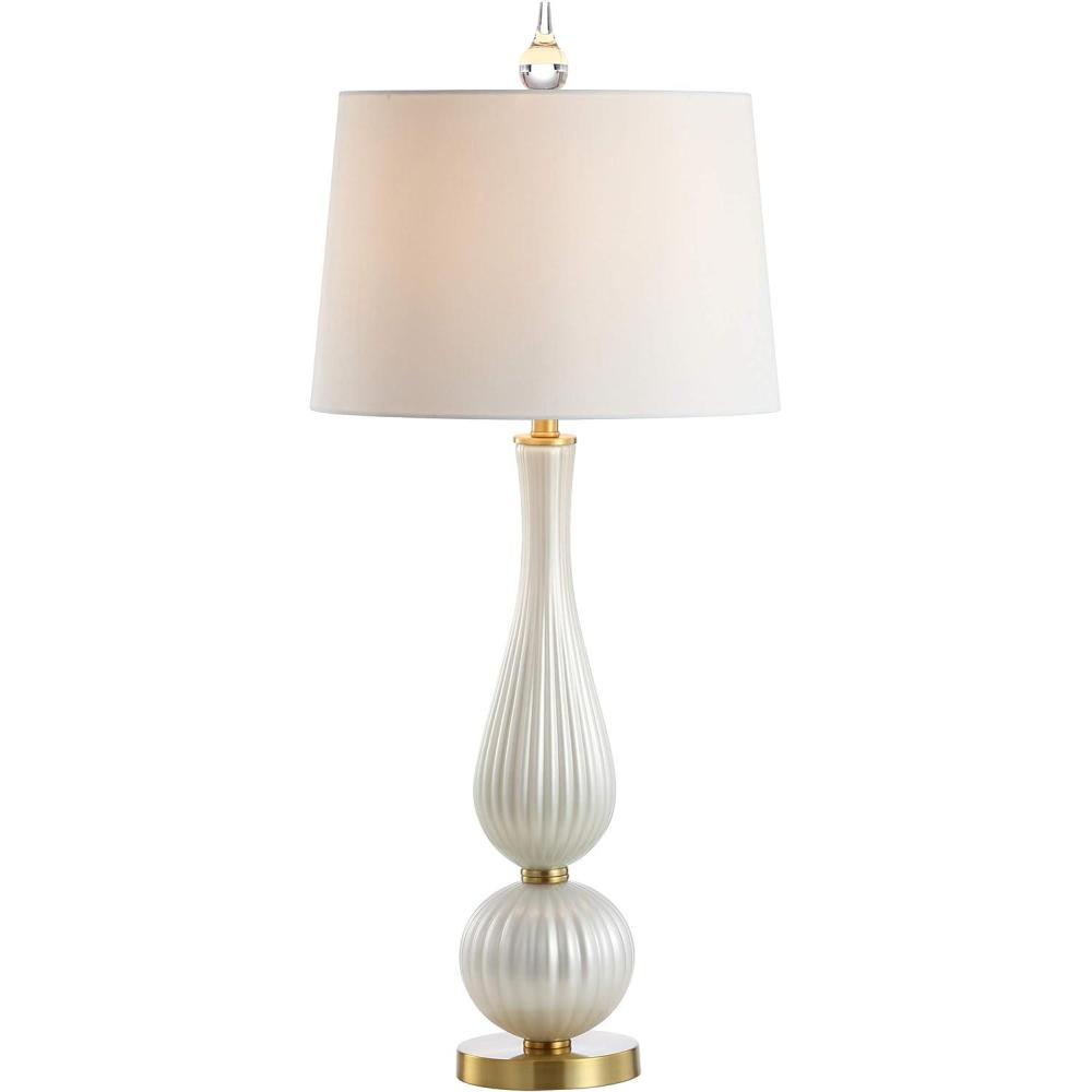 image:imageJONATHAN Y 3375 White Iridescent Fluted Glass Table Lamp Contemporary Glam Bedside Lamp with Brass Gold Base and White Faux Silk Shade LED Bulb Included JYL2071A