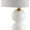 JONATHAN Y 21″ Clear/Brass Gold Glass Table Lamp for Bedroom and Living Room, White Linen Shade, Modern Stacked Sphere Bedside Lamp, LED Bulb Included (JYL1021B)(White/Brass Gold)