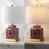 JONATHAN Y 22″ Red/White Modern Ceramic Ginger Jar Table Lamp for Nightstand, Square Lattice Transitional Chinoiserie Lamp for Living Room, White Linen Shade, LED Bulb (JYL3044B)(Red/White)