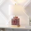 JONATHAN Y 22″ Red/White Modern Ceramic Ginger Jar Table Lamp for Nightstand, Square Lattice Transitional Chinoiserie Lamp for Living Room, White Linen Shade, LED Bulb (JYL3044B)(Red/White)