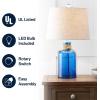 JONATHAN Y 23.5″ Cobalt Blue Glass Bottle LED Table Lamp, Coastal Mediterranean Lamp with Rope Accent and Gray Linen Shade for Living Room Bedroom, LED Bulb Included JYL1004A