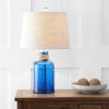 JONATHAN Y 23.5″ Cobalt Blue Glass Bottle LED Table Lamp, Coastal Mediterranean Lamp with Rope Accent and Gray Linen Shade for Living Room Bedroom, LED Bulb Included JYL1004A