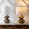 JONATHAN Y 24.5″ Brown Wood Finish Coastal 3-Stack Cairn LED Table Lamp for Living Room, White Linen Shade, Rustic Mid-Century Modern Bedside Lamp for Bedroom Office JYL4061A(Brown Wood Finish)