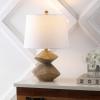 JONATHAN Y 24.5″ Brown Wood Finish Coastal 3-Stack Cairn LED Table Lamp for Living Room, White Linen Shade, Rustic Mid-Century Modern Bedside Lamp for Bedroom Office JYL4061A(Brown Wood Finish)