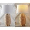 JONATHAN Y 25″ Brass Gold/Light Brown Rattan LED Table Lamp for Living Room Bedroom Coastal Decor, White Linen Shade, Bulb Included JYL4044A(Light Brown)