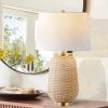 JONATHAN Y 25″ Brass Gold/Light Brown Rattan LED Table Lamp for Living Room Bedroom Coastal Decor, White Linen Shade, Bulb Included JYL4044A(Light Brown)
