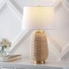JONATHAN Y 25″ Brass Gold/Light Brown Rattan LED Table Lamp for Living Room Bedroom Coastal Decor, White Linen Shade, Bulb Included JYL4044A(Light Brown)