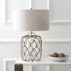 JONATHAN Y 26.5″ Brown/Clear Glass and Rope Coastal LED Table Lamp, Nautical Jute Net Lamp for Living Room Bedroom Nightstand, Gray Linen Drum Shade, LED Bulb Included JYL5033A