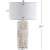 JONATHAN Y 28.5″ Cream Seashell Resin and Crystal LED Table Lamp, Coastal Floral Mosaic Column Lamp with White Linen Drum Shade for Living Room, LED Bulb Included JYL1006A