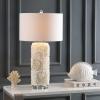 JONATHAN Y 28.5″ Cream Seashell Resin and Crystal LED Table Lamp, Coastal Floral Mosaic Column Lamp with White Linen Drum Shade for Living Room, LED Bulb Included JYL1006A
