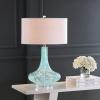 JONATHAN Y 29″ Ice Blue Teardrop Glass LED Table Lamp, Contemporary Gourd Lamp with White Linen Drum Shade and Chrome Base for Living Room Bedroom, LED Bulb Included JYL2001A