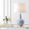 JONATHAN Y 30″ Blue/White Ceramic Gourd LED Table Lamp, Classic Chinoiserie Vine Pattern Traditional Cottage Lamp with White Linen Shade, Gold Base, LED Bulb Included JYL5051A