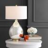 JONATHAN Y 30.75″ Mercury Silver Glass Teardrop Table Lamp, Glam Transitional Bedside Lamp for Living Room, White Linen Drum Shade, Brass Gold Accents, LED Bulb Included JYL1066A
