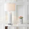 JONATHAN Y 31.5″ White Ceramic Table Lamp with Chrome Base for Living Room, White Linen Drum Shade, Modern Bedside Lamp for Bedroom Office Nightstand, LED Bulb Included JYL8021A(White/Chrome)