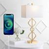 JONATHAN Y 32″ Gold Iron Ogee Trellis Modern LED USB Table Lamp, Glam Geometric Metal Base with White Linen Rectangle Shade for Living Room Bedroom, LED Bulb Included JYL3071A