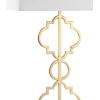 JONATHAN Y 32″ Gold Iron Ogee Trellis Modern LED USB Table Lamp, Glam Geometric Metal Base with White Linen Rectangle Shade for Living Room Bedroom, LED Bulb Included JYL3071A