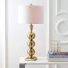 JONATHAN Y 33″ Brass Gold Stacked Orb Metal LED Table Lamp, Contemporary Transitional Iron Bedside Lamp for Living Room Bedroom, White Linen Drum Shade, LED Bulb Included JYL3021A
