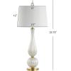JONATHAN Y 33.75″ White Iridescent Fluted Glass Table Lamp, Contemporary Glam Bedside Lamp with Brass Gold Base and White Faux Silk Shade, LED Bulb Included JYL2071A