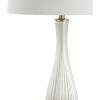 JONATHAN Y 33.75″ White Iridescent Fluted Glass Table Lamp, Contemporary Glam Bedside Lamp with Brass Gold Base and White Faux Silk Shade, LED Bulb Included JYL2071A