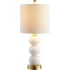 JONATHAN Y 21″ Clear/Brass Gold Glass Table Lamp for Bedroom and Living Room, White Linen Shade, Modern Stacked Sphere Bedside Lamp, LED Bulb Included (JYL1021B)(White/Brass Gold)