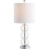 JONATHAN Y 21″ Clear/Brass Gold Glass Table Lamp for Bedroom and Living Room, White Linen Shade, Modern Stacked Sphere Bedside Lamp, LED Bulb Included (JYL1021B)(Clear/Chrome)