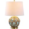 JONATHAN Y 21.5″ Aqua Glass and Brown Rope Nautical Table Lamp, Coastal Transitional Bedside Lamp with White Linen Drum Shade for Living Room, LED Bulb Included JYL1085A