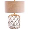 JONATHAN Y 26.5″ Brown/Clear Glass and Rope Coastal LED Table Lamp, Nautical Jute Net Lamp for Living Room Bedroom Nightstand, Gray Linen Drum Shade, LED Bulb Included JYL5033A