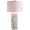 JONATHAN Y 28.5″ Cream Seashell Resin and Crystal LED Table Lamp, Coastal Floral Mosaic Column Lamp with White Linen Drum Shade for Living Room, LED Bulb Included JYL1006A