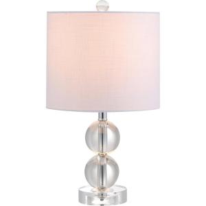 JONATHAN Y 17.5″ Clear Crystal Table Lamp, Glam Double Sphere Mini Nightstand Lamp for Bedroom Living Room, White Linen Drum Shade, Chrome Finish, LED Bulb Included JYL2057A