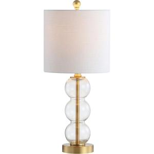 JONATHAN Y 21″ Clear/Brass Gold Glass Table Lamp for Bedroom and Living Room, White Linen Shade, Modern Stacked Sphere Bedside Lamp, LED Bulb Included (JYL1021B)(Clear/Brass Gold)