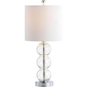 JONATHAN Y 21″ Clear/Brass Gold Glass Table Lamp for Bedroom and Living Room, White Linen Shade, Modern Stacked Sphere Bedside Lamp, LED Bulb Included (JYL1021B)(Clear/Chrome)