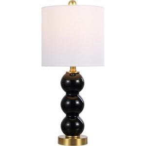 JONATHAN Y 21″ Clear/Brass Gold Glass Table Lamp for Bedroom and Living Room, White Linen Shade, Modern Stacked Sphere Bedside Lamp, LED Bulb Included (JYL1021B)(Black/Brass Gold)