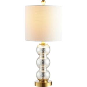 JONATHAN Y 21″ Clear/Brass Gold Glass Table Lamp for Bedroom and Living Room, White Linen Shade, Modern Stacked Sphere Bedside Lamp, LED Bulb Included (JYL1021B)(Mercury Glass/Brass Gold)