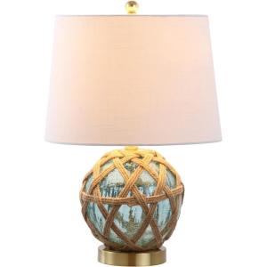JONATHAN Y 21.5″ Aqua Glass and Brown Rope Nautical Table Lamp, Coastal Transitional Bedside Lamp with White Linen Drum Shade for Living Room, LED Bulb Included JYL1085A