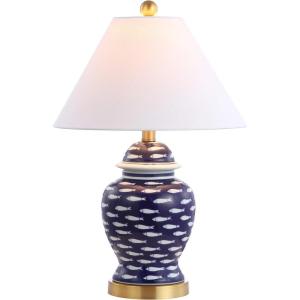 JONATHAN Y 22″ Navy Blue and White School of Fish Ceramic Ginger Jar LED Table Lamp, Coastal Nautical Bedside Lamp, White Linen Shade, UL Listed, LED Bulb Included JYL6209A