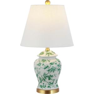 JONATHAN Y 22″ Navy/White Ceramic Table Lamp, French Country Chinoiserie Ginger Jar LED Bedside Lamp for Living Room Bedroom, White Linen Shade (JYL3005D)(White/Green)
