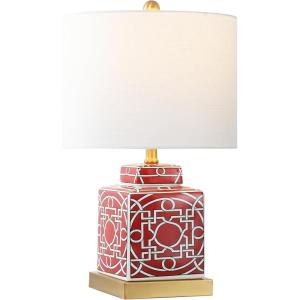 JONATHAN Y 22″ Red/White Modern Ceramic Ginger Jar Table Lamp for Nightstand, Square Lattice Transitional Chinoiserie Lamp for Living Room, White Linen Shade, LED Bulb (JYL3044B)(Red/White)