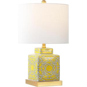 JONATHAN Y 22″ Red/White Modern Ceramic Ginger Jar Table Lamp for Nightstand, Square Lattice Transitional Chinoiserie Lamp for Living Room, White Linen Shade, LED Bulb (JYL3044B)(Yellow/White)