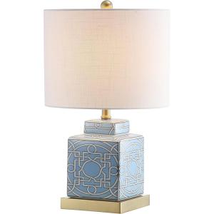 JONATHAN Y 22″ Red/White Modern Ceramic Ginger Jar Table Lamp for Nightstand, Square Lattice Transitional Chinoiserie Lamp for Living Room, White Linen Shade, LED Bulb (JYL3044B)(Blue/White)