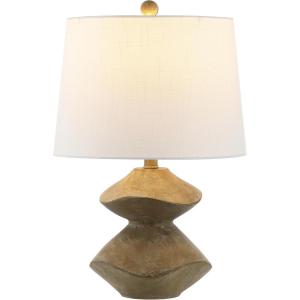 JONATHAN Y 24.5″ Brown Wood Finish Coastal 3-Stack Cairn LED Table Lamp for Living Room, White Linen Shade, Rustic Mid-Century Modern Bedside Lamp for Bedroom Office JYL4061A(Brown Wood Finish)