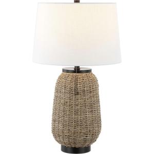 JONATHAN Y 25″ Brass Gold/Light Brown Rattan LED Table Lamp for Living Room Bedroom Coastal Decor, White Linen Shade, Bulb Included JYL4044A(Dark Brown)