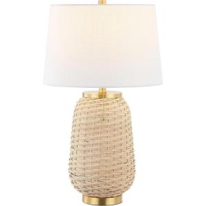 JONATHAN Y 25″ Brass Gold/Light Brown Rattan LED Table Lamp for Living Room Bedroom Coastal Decor, White Linen Shade, Bulb Included JYL4044A(Light Brown)