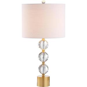 JONATHAN Y 25.25″ Clear and Brass Gold Crystal Table Lamp, Modern Glam Faceted Orb Bedside Lamp with White Linen Drum Shade for Living Room Bedroom, LED Bulb Included JYL5017A