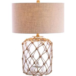 JONATHAN Y 26.5″ Brown/Clear Glass and Rope Coastal LED Table Lamp, Nautical Jute Net Lamp for Living Room Bedroom Nightstand, Gray Linen Drum Shade, LED Bulb Included JYL5033A