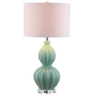 JONATHAN Y 28″ Seafoam Green Fluted Ceramic Gourd LED Table Lamp, Midcentury Glam Bedside Lamp for Living Room Bedroom, White Linen Drum Shade, LED Bulb Included JYL5015A