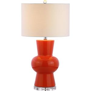 JONATHAN Y 28.5″ Coral Ceramic Table Lamp for Living Room Bedroom Nightstand, Modern Hourglass LED Bedside Lamp with Crystal Base and Linen Shade (JYL4027C)(Coral)