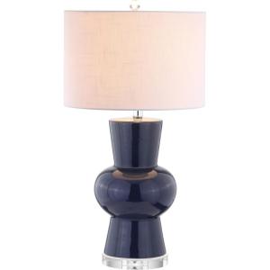 JONATHAN Y 28.5″ Coral Ceramic Table Lamp for Living Room Bedroom Nightstand, Modern Hourglass LED Bedside Lamp with Crystal Base and Linen Shade (JYL4027C)(Navy)